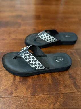 Coach Black Flip Flops with Black-and-White Signature Straps